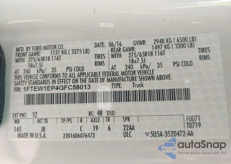 2016 Ford F-150 Xlt z USA, uszkodzony, nr VIN 1FTEW1EP4GFC58013